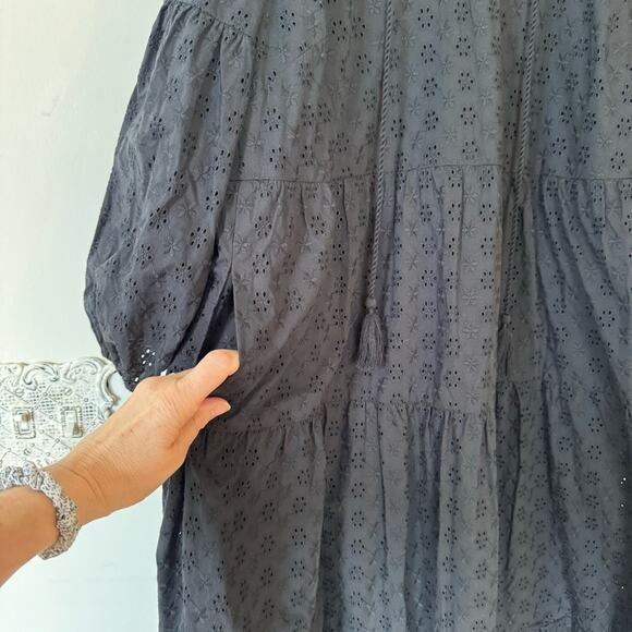 Brooks Brothers Black Daisy Eyelet Cotton Tiered Tassel Tie Neck Midi Dress 4 - Picture 6 of 10